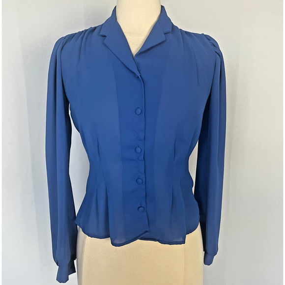 Vintage Blouse Top Size XS Small Royal Blue Puff Sleeve Secretary Retro Twee - Picture 1 of 13